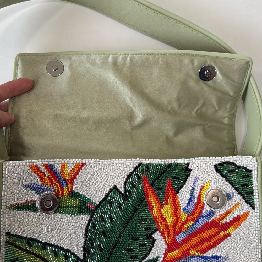 Staud Bird of Paradise Beaded Shoulder Bag Bead White Green Tropical Floral - Picture 6 of 11